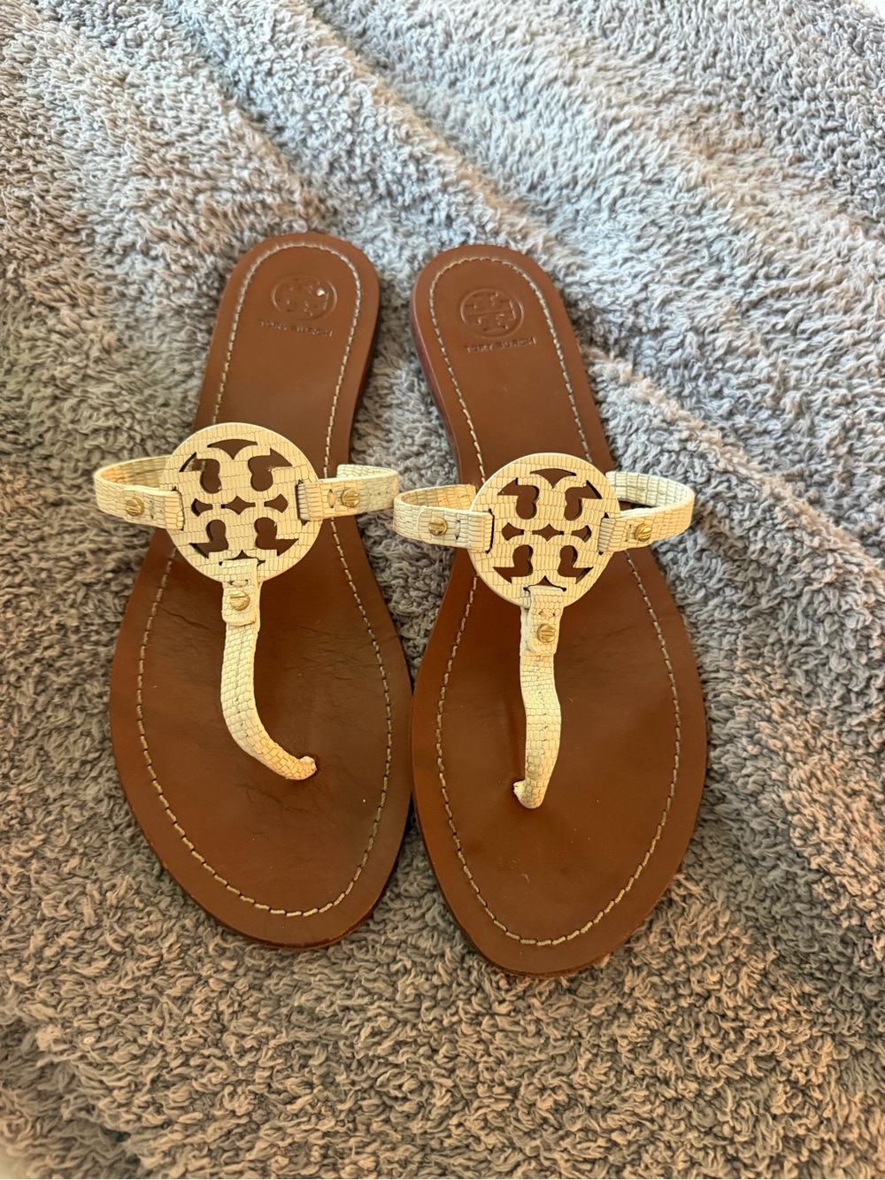 Tory Burch Miller Ivory Cream Textured Leather Sandals